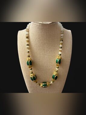 Vintage ORENA PARIS Signed Gold & Emerald Green Cabochon Necklace French Couture